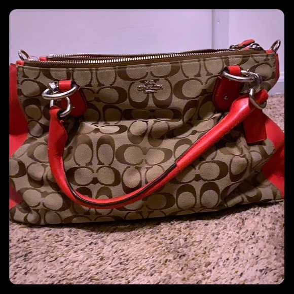 Coral & brown Coach purse with matching wallet - Picture 1 of 8